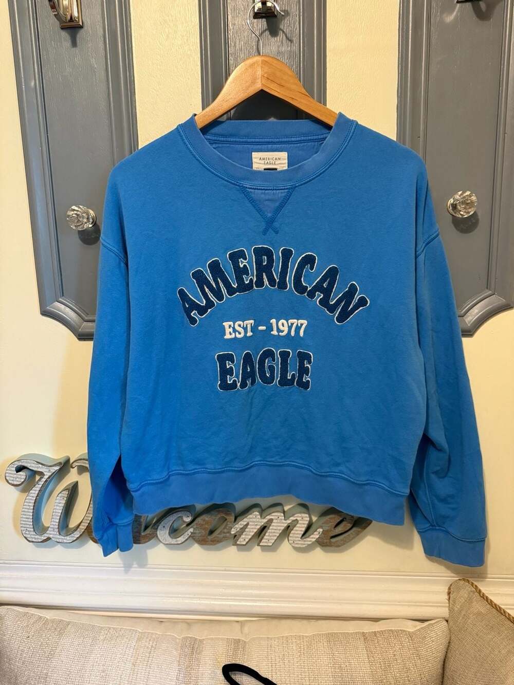 American Eagle Fleece Cropped Crew Neck Sweatshirt Blue Size Small